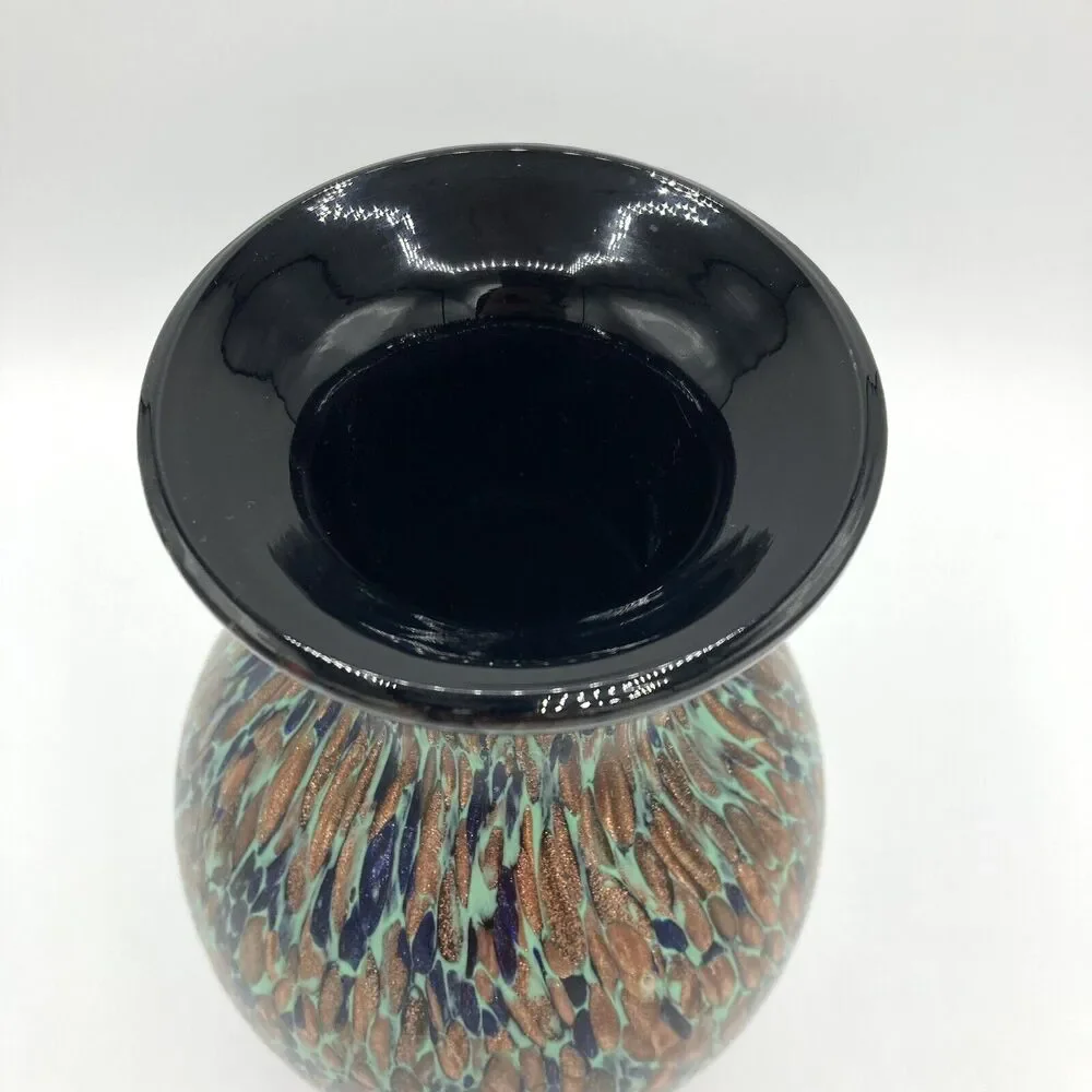 Vintage Murano Art Glass Vase Aventurine Teal Gold Fleck Mid Century Art Nouveau
